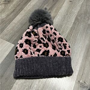 Pink Leopard Print Beanie with Pom Pom